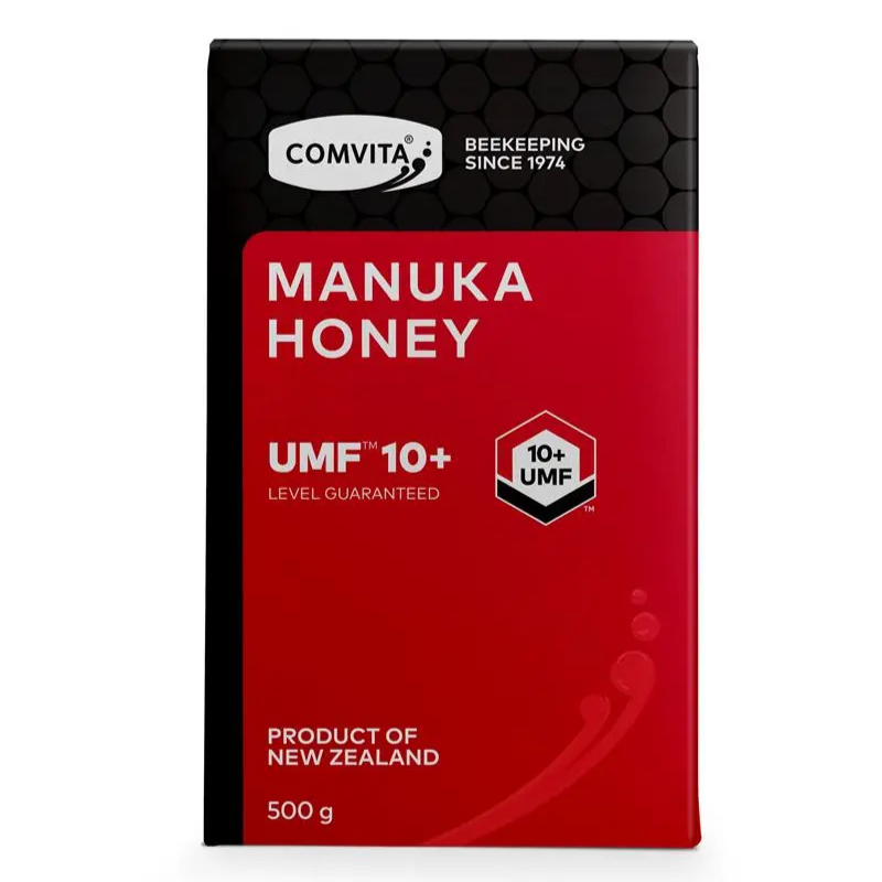 Comvita UMF 10+ Manuka Honey 500g jar packaging, premium New Zealand raw manuka honey for immune support, wellness and daily nutrition