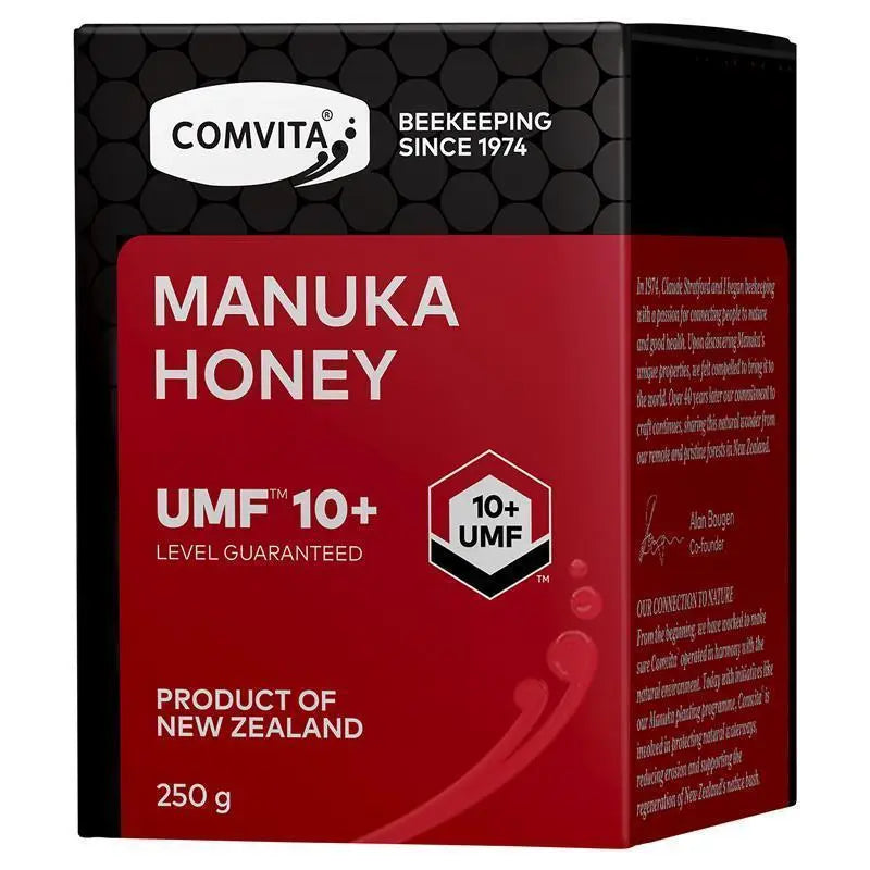 Comvita UMF 10+ Manuka Honey 250g jar packaging, premium New Zealand raw manuka honey for immune support and wellness nutrition