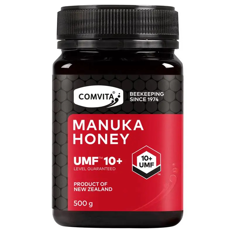 Comvita UMF 10+ Manuka Honey 500g jar packaging, premium New Zealand raw manuka honey for immune support, wellness and daily nutrition