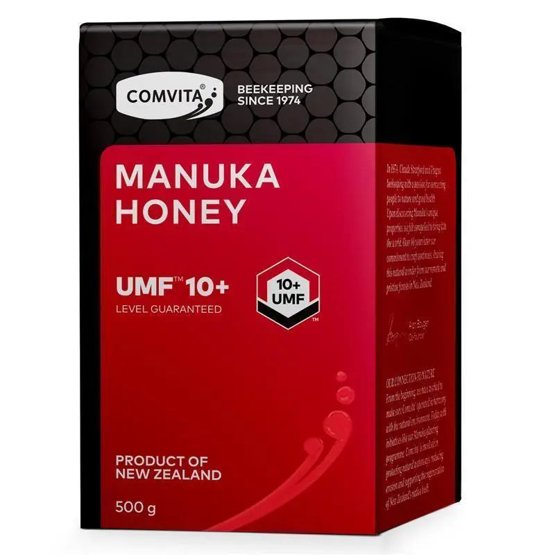 Comvita UMF 10+ Manuka Honey 500g jar packaging, premium New Zealand raw manuka honey for immune support, wellness and daily nutrition