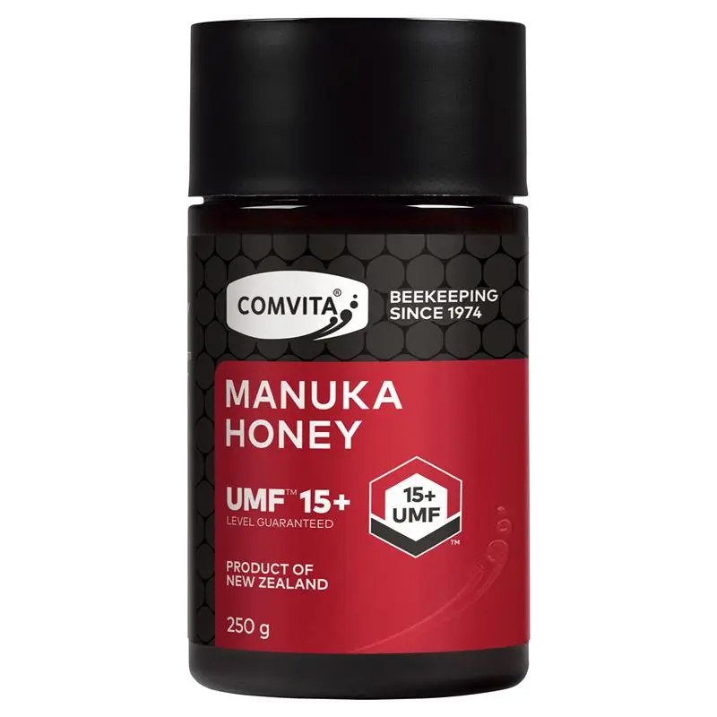 Comvita UMF 15+ Manuka Honey 250g jar packaging, premium high-strength New Zealand manuka honey for immune support and wellness nutrition