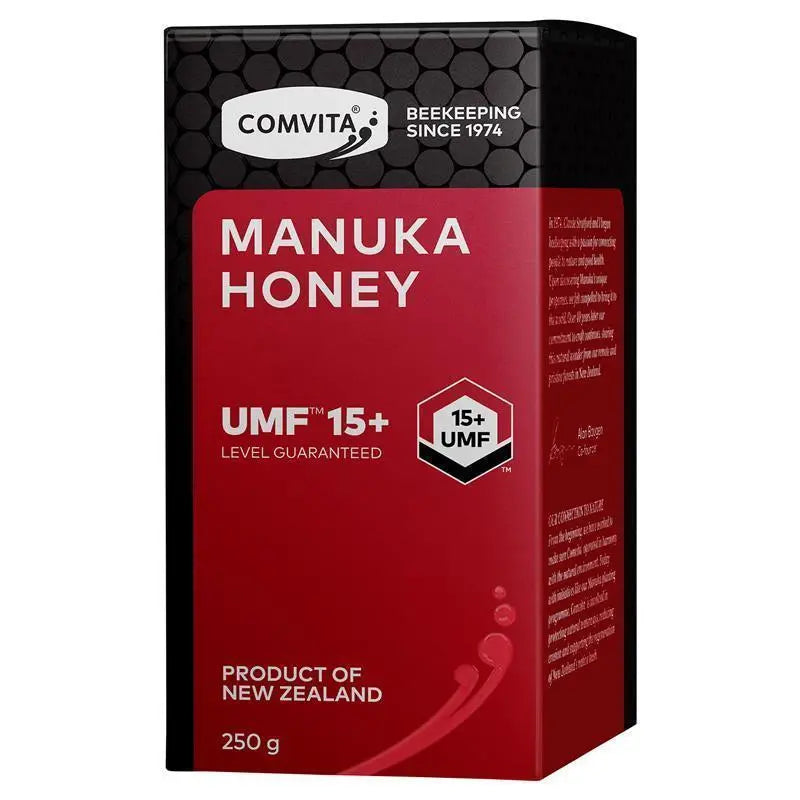 Comvita UMF 15+ Manuka Honey 250g jar packaging, premium high-strength New Zealand manuka honey for immune support and wellness nutrition
