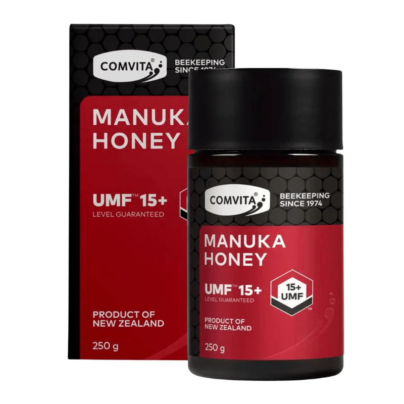Comvita UMF 15+ Manuka Honey 250g jar packaging, premium high-strength New Zealand manuka honey for immune support and wellness nutrition