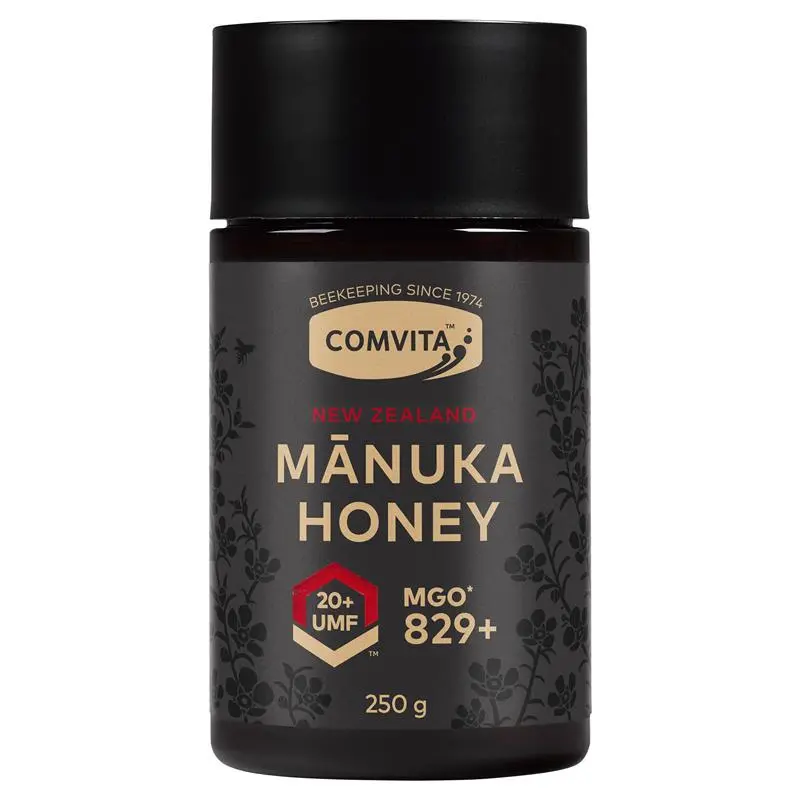 Comvita UMF 20+ Manuka Honey 250g jar packaging, ultra premium high-strength New Zealand manuka honey for immune support and wellness nutrition