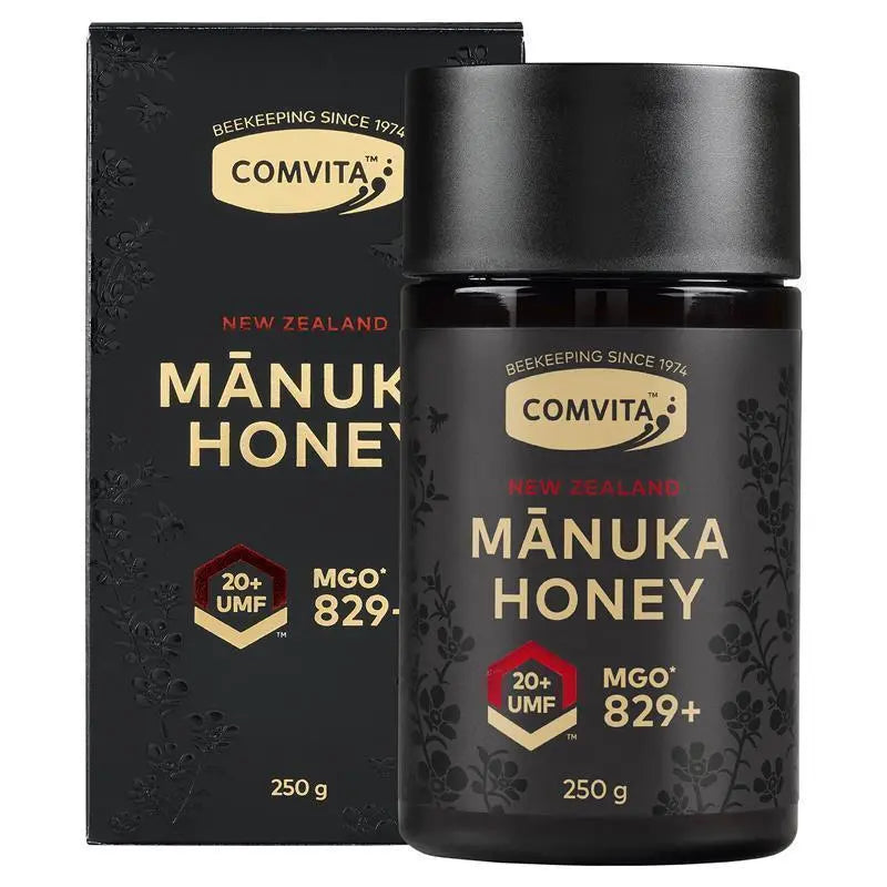 Comvita UMF 20+ Manuka Honey 250g jar packaging, ultra premium high-strength New Zealand manuka honey for immune support and wellness nutrition
