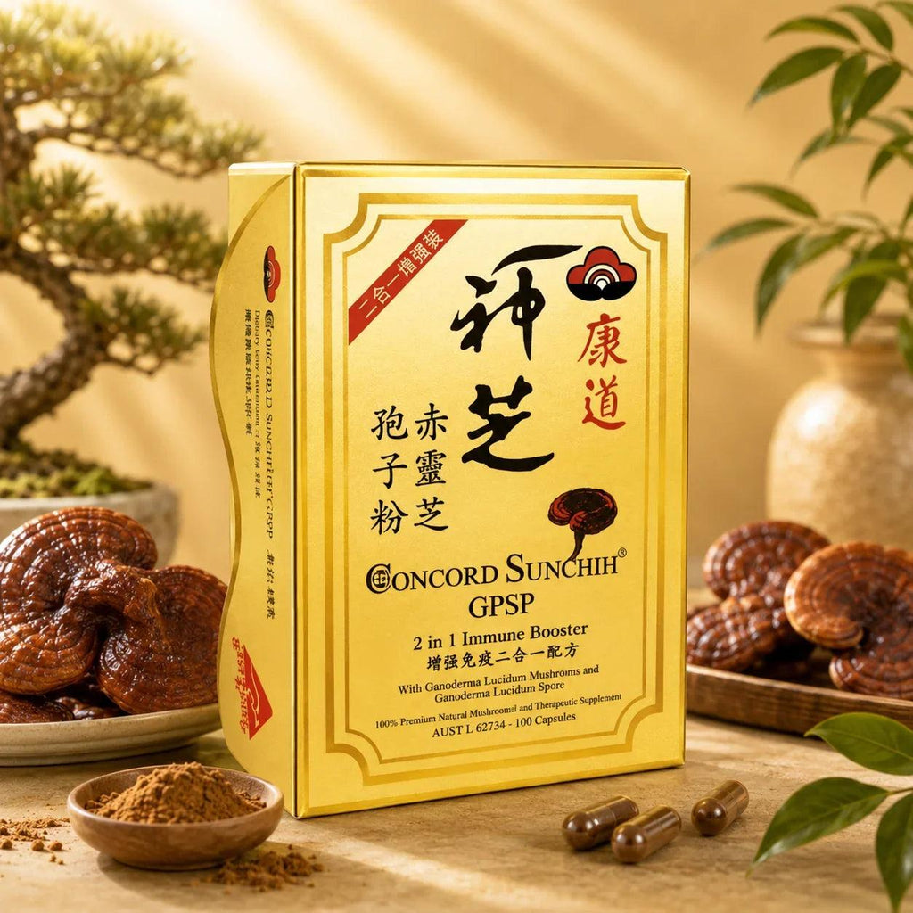 A gold box of Concor Sunchih GPSP immune booster capsules, styled with real ginseng roots, capsules, and powder in a warm, natural setting with plants in the background.