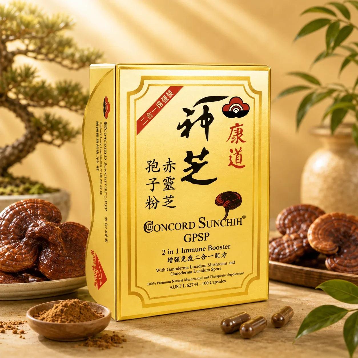 A gold box of Concor Sunchih GPSP immune booster capsules, styled with real ginseng roots, capsules, and powder in a warm, natural setting with plants in the background.