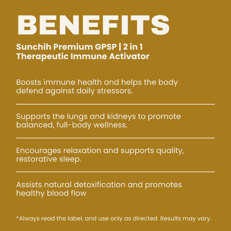 List of benefits for Sunchih Premium GPSP 2-in-1 Therapeutic Immune Activator on a brown background.