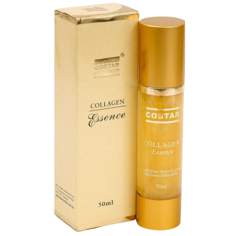 A bottle of COSTAR Collagen Essence next to its matching gold-colored packaging box, set against a plain white background.