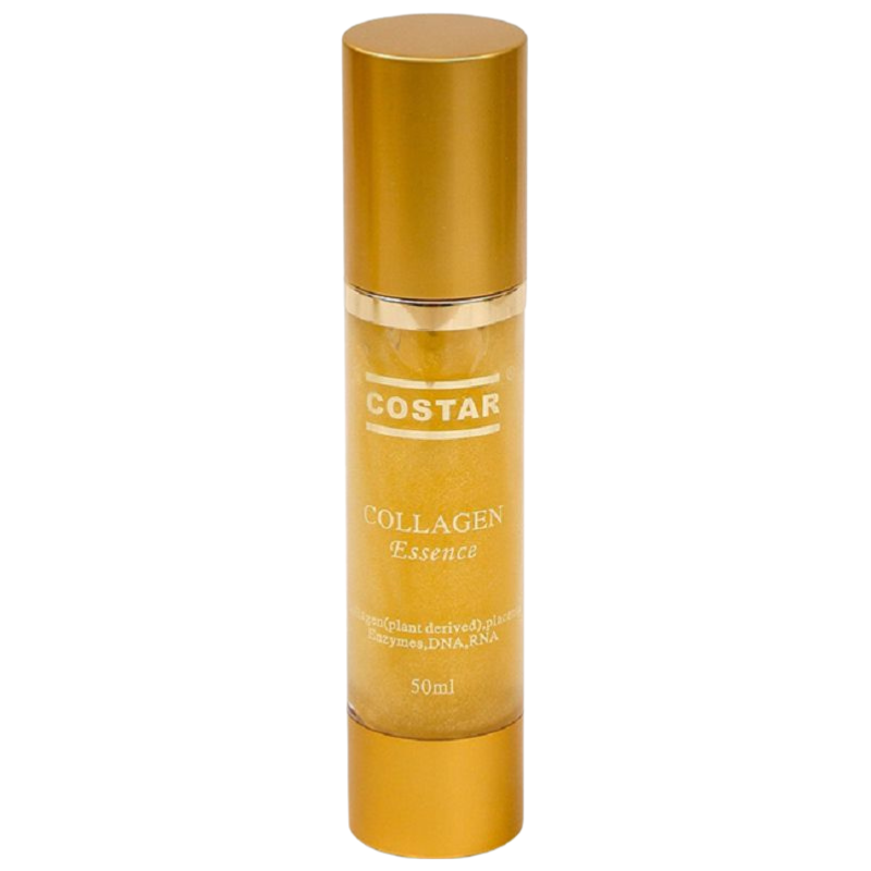 A 50ml bottle of COSTAR Collagen Essence in a metallic gold finish, shown against a plain white background.