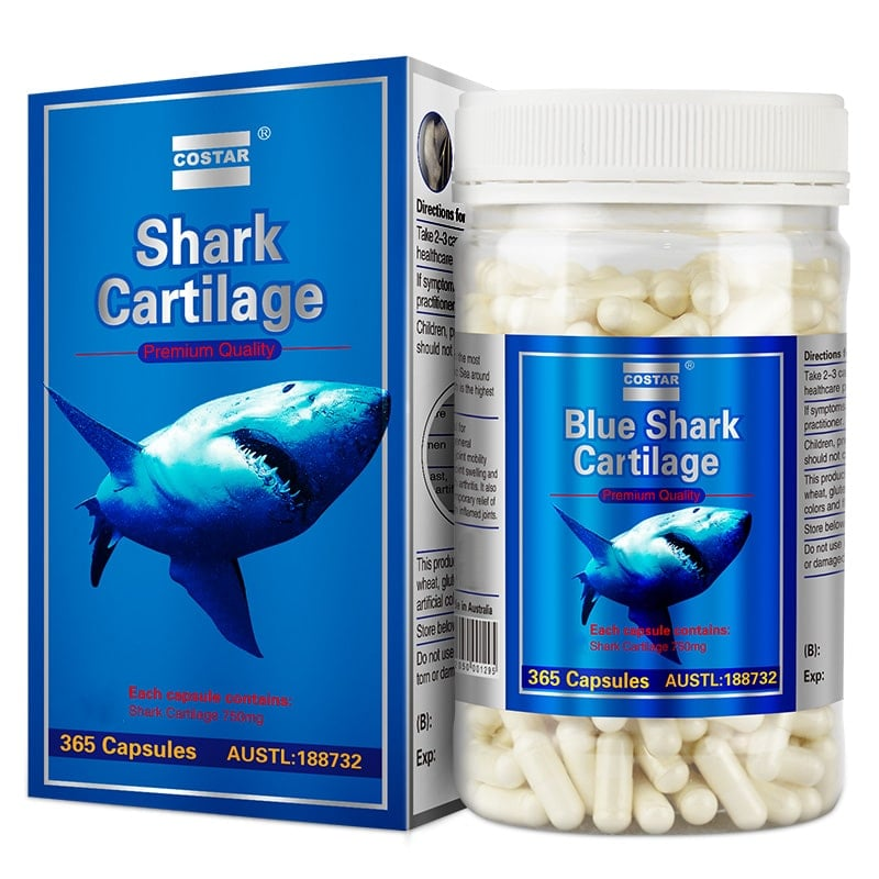 Costar Shark Cartilage 365 Capsules, nutritional supplement supporting joint health, bone strength and mobility with natural shark cartilage extract.