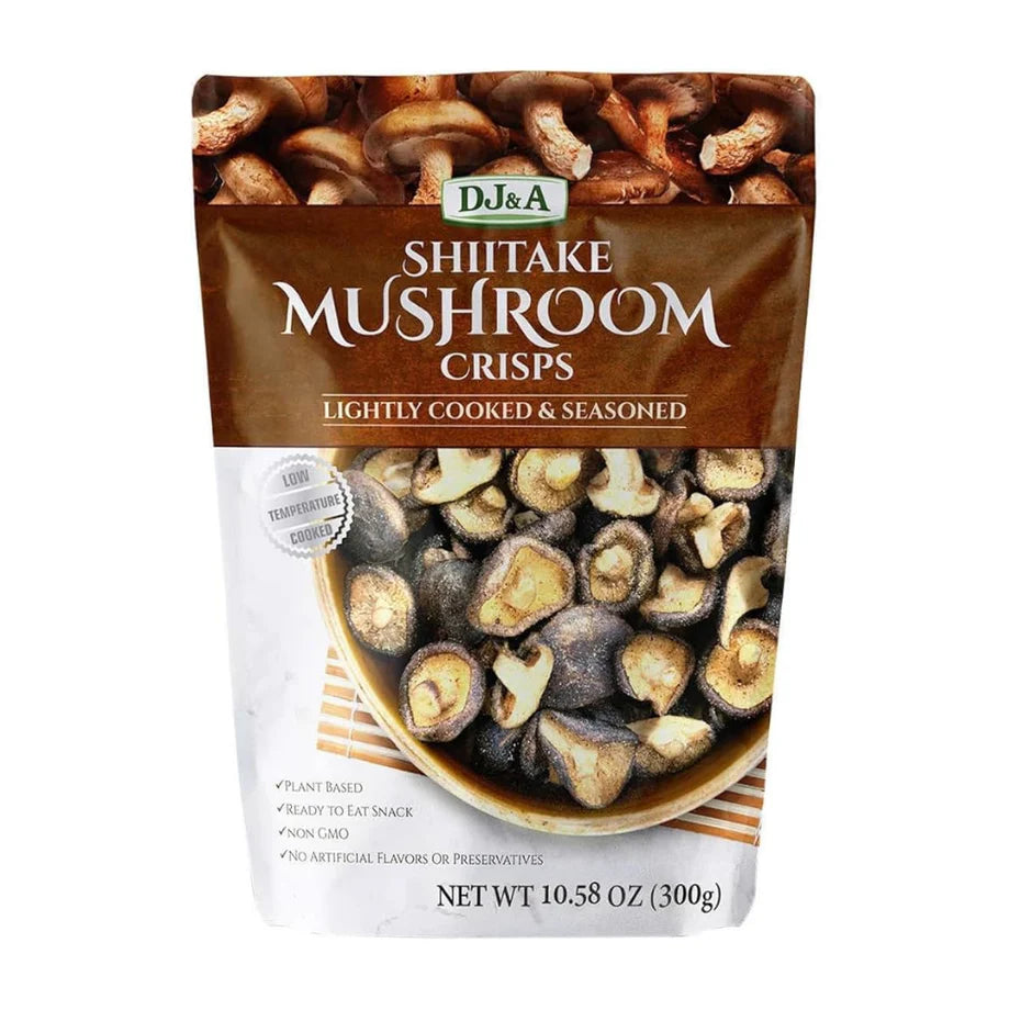 DJ&A Shiitake Mushroom Crisps 300g crispy mushroom snack made from shiitake mushrooms with a crunchy texture and rich savoury flavour.