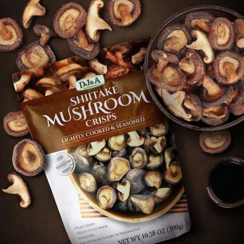 DJ&A Shiitake Mushroom Crisps 300g crispy mushroom snack made from shiitake mushrooms with a crunchy texture and rich savoury flavour.