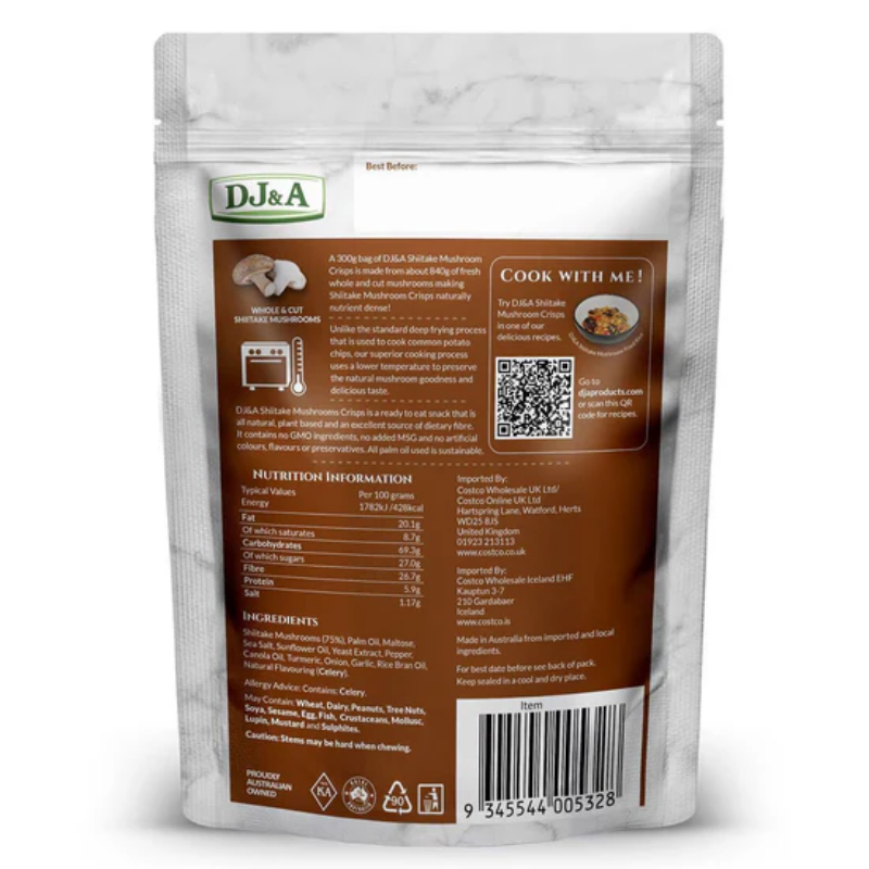 DJ&A Shiitake Mushroom Crisps 300g crispy mushroom snack made from shiitake mushrooms with a crunchy texture and rich savoury flavour.