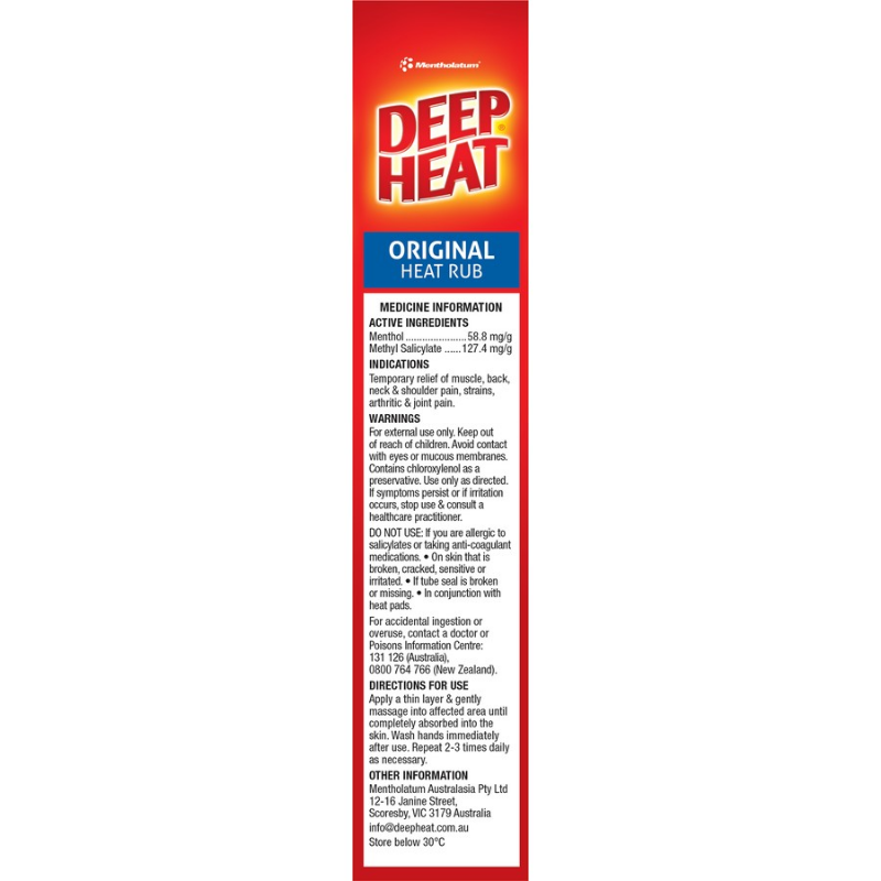 Deep Heat Original Heat Rub 140g, warming topical pain relief cream to help relieve muscle aches, joint pain, stiffness and sports-related discomfort.