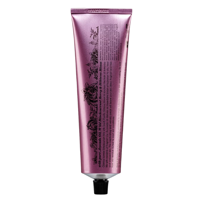 A metallic pink squeeze tube of Rosegarden hand cream, shown from the back with black text and botanical illustrations, featuring a black cap on a white background.