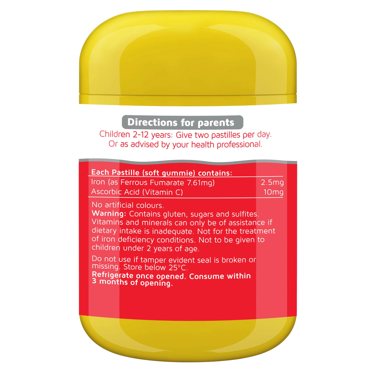 A yellow capsule-shaped bottle of pastilles with a white and red label showing directions and ingredients, isolated on a white background.