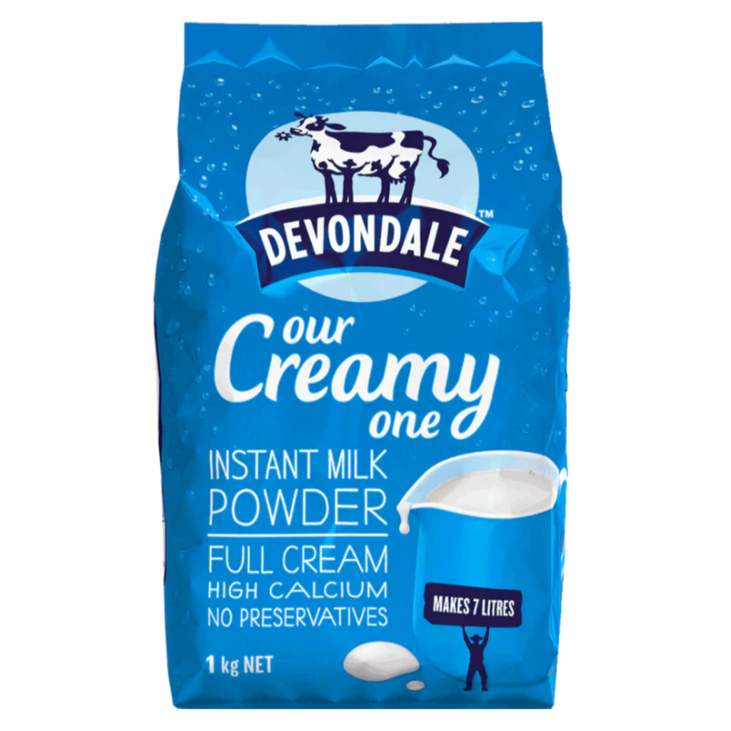 Devondale Full Cream Milk Powder 1kg, instant dairy milk powder providing calcium, protein and energy for daily nutrition and family use.