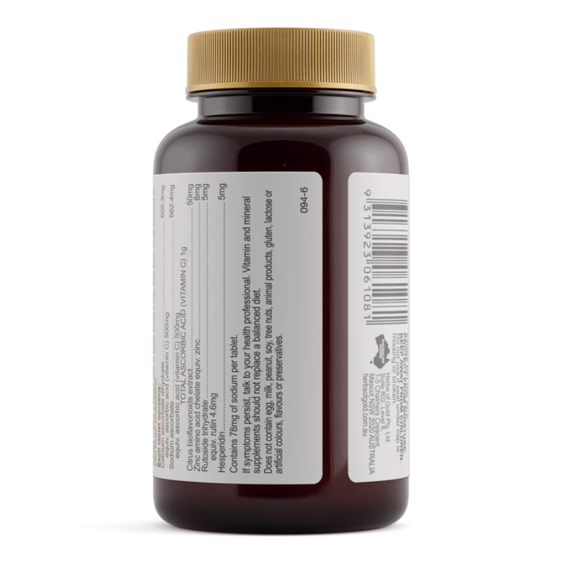 Herbs of Gold Vitamin C 1000 Plus 60 Tablets high strength vitamin C with zinc and citrus bioflavonoids for immune support.