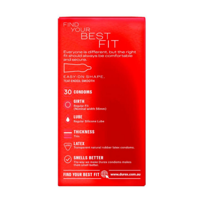Durex Fetherlite Condoms 30 Pack ultra thin condoms designed for comfort, sensitivity, and reliable protection.