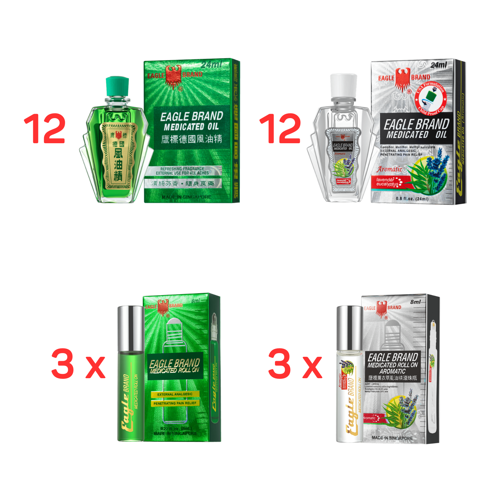 Eagle Brand Green Medicated Oil 12 x 24ml + Eagle Brand White Medicated Oil 12 x 24ml