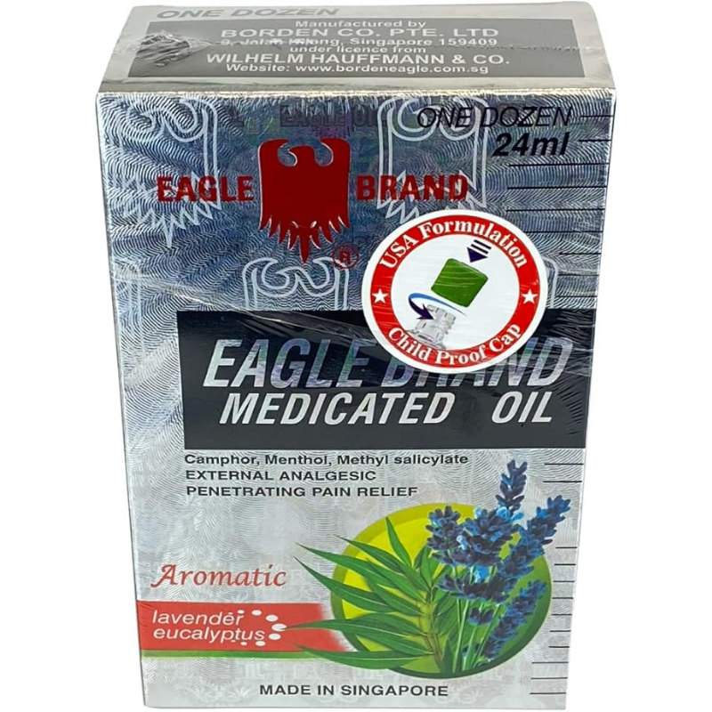 Eagle Brand White Medicated Oil 12 x 24ml packaging, herbal pain relief oil for muscle aches and joint discomfort, medicated oil bottles set from Eagle Brand Singapore
