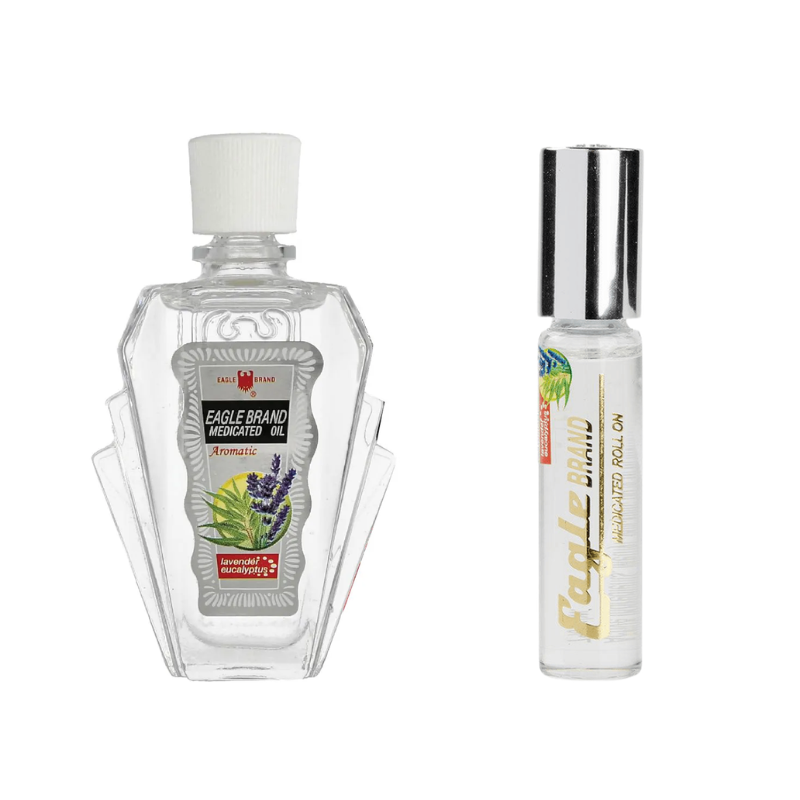 Eagle Brand White Medicated Oil value pack with 12 bottles of 24ml medicated oil and 2 roll-on bottles of 8ml for convenient soothing relief.