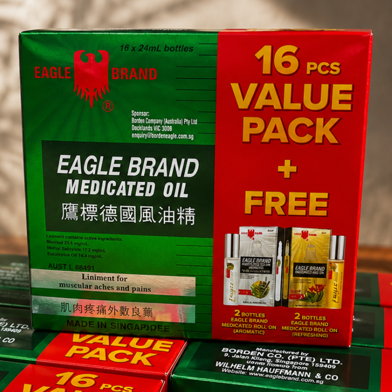 Eagle Brand Green Medicated Oil value pack with 16 bottles of 24ml plus 2 White Medicated Roll On 8ml and 2 Yellow Medicated Roll On 8ml for convenient everyday use.