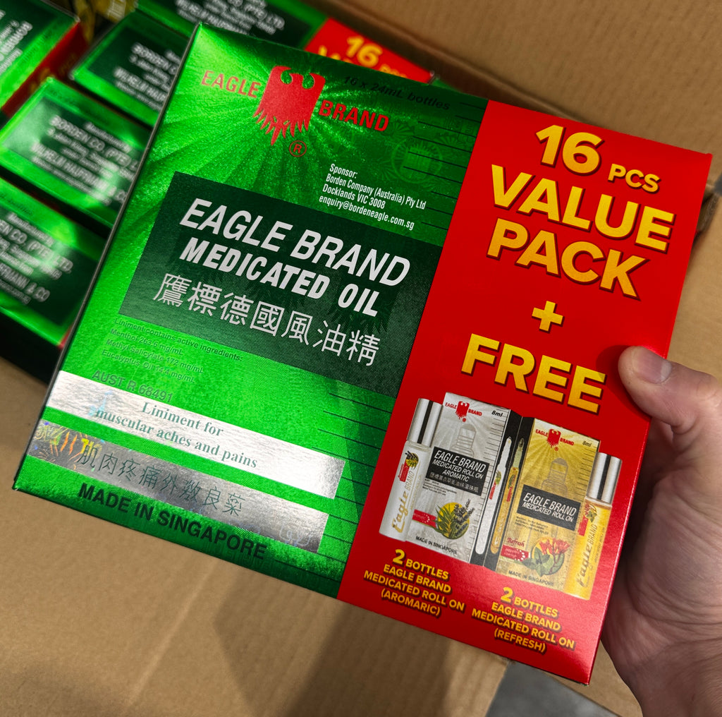 Eagle Brand Green Medicated Oil value pack with 16 bottles of 24ml plus 2 White Medicated Roll On 8ml and 2 Yellow Medicated Roll On 8ml for convenient everyday use.