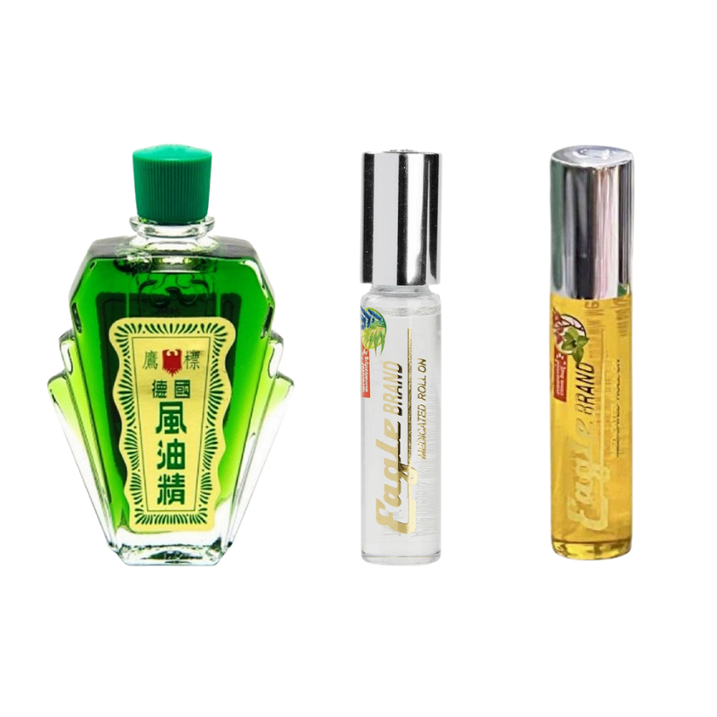 Eagle Brand Green Medicated Oil value pack with 16 bottles of 24ml plus 2 White Medicated Roll On 8ml and 2 Yellow Medicated Roll On 8ml for convenient everyday use.