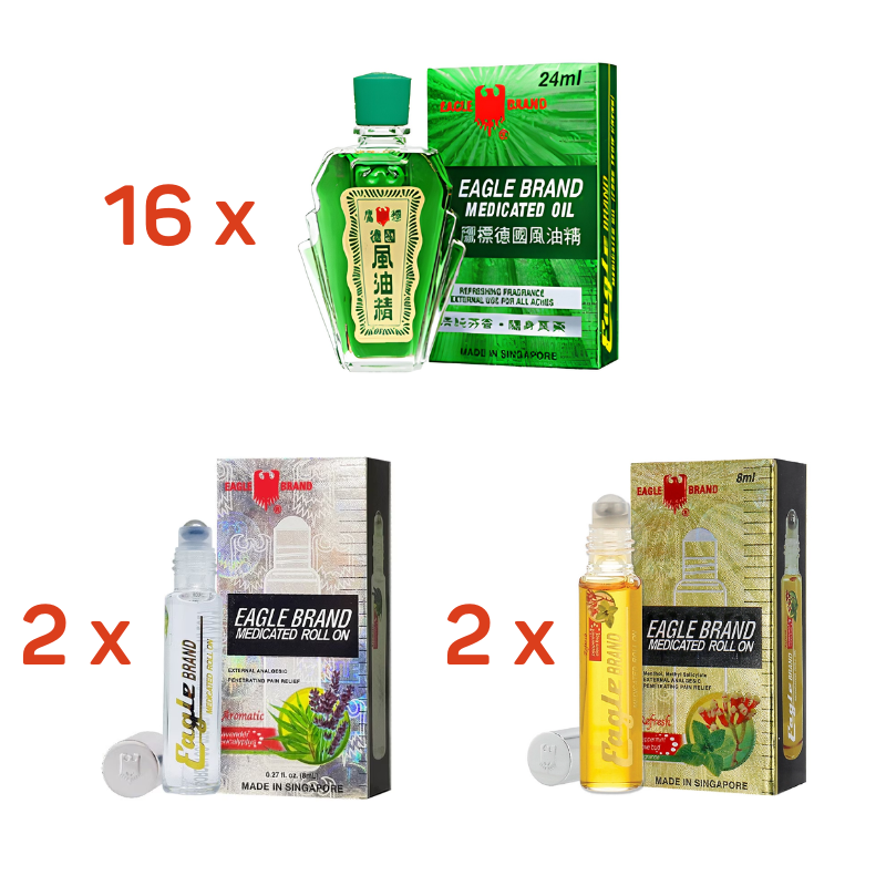 Eagle Brand Green Medicated Oil value pack with 16 bottles of 24ml plus 2 White Medicated Roll On 8ml and 2 Yellow Medicated Roll On 8ml for convenient everyday use.
