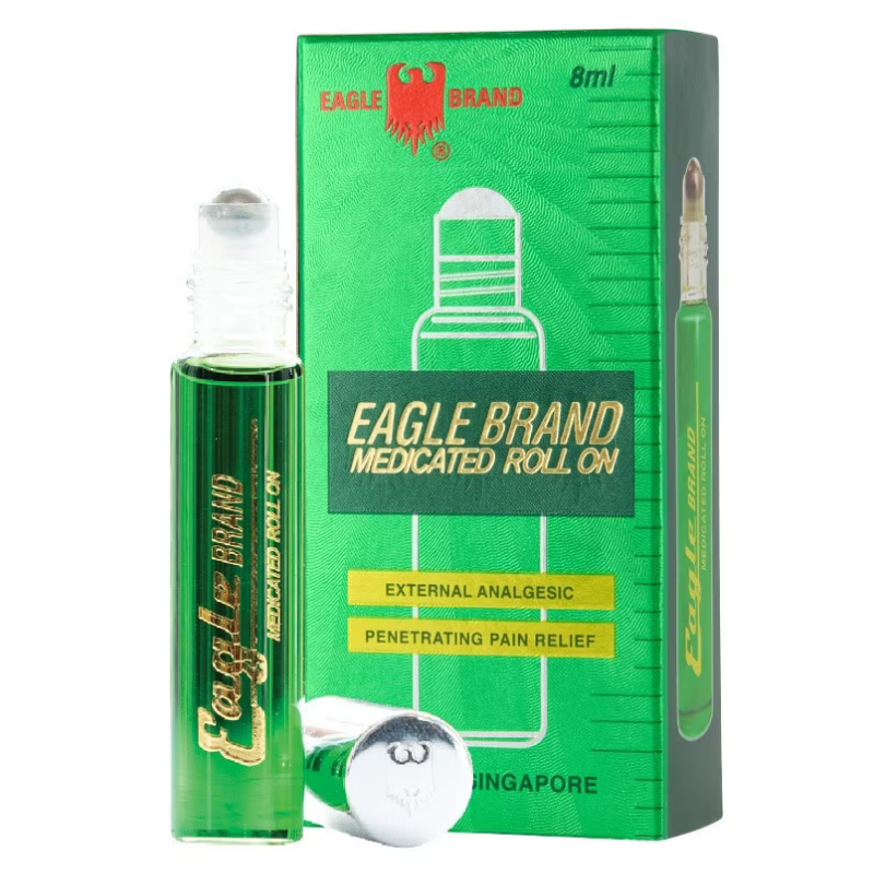 Eagle Brand Green Medicated Roll On 8ml packaging, herbal cooling roll-on oil for muscle aches and joint discomfort, portable medicated oil from Eagle Brand Singapore