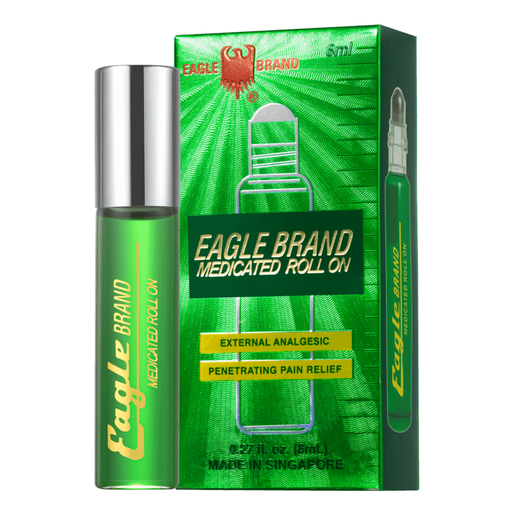 Eagle Brand Green Medicated Roll On 8ml packaging, herbal cooling roll-on oil for muscle aches and joint discomfort, portable medicated oil from Eagle Brand Singapore