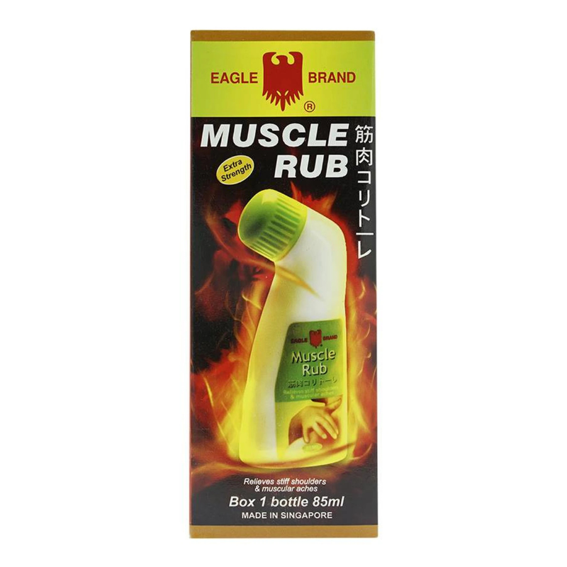 Eagle Brand Muscle Rub Extra Strength 85ml bottle packaging, topical herbal pain relief rub for muscles, joints, and body aches