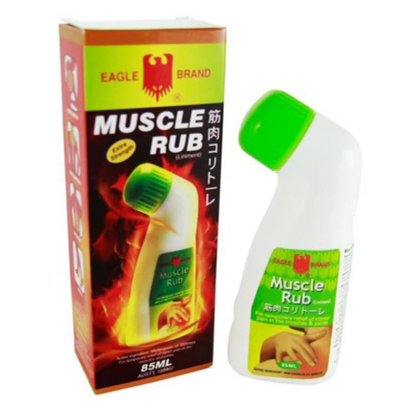 Eagle Brand Muscle Rub Extra Strength 85ml bottle packaging, topical herbal pain relief rub for muscles, joints, and body aches