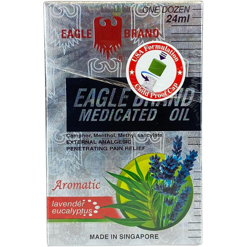 Eagle Brand White Medicated Oil 12 x 24ml packaging, herbal pain relief oil for muscle aches and joint discomfort, medicated oil bottles set from Eagle Brand Singapore