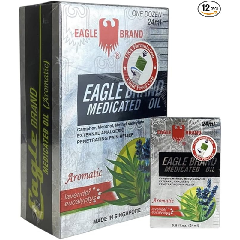 Eagle Brand White Medicated Oil 12 x 24ml packaging, herbal pain relief oil for muscle aches and joint discomfort, medicated oil bottles set from Eagle Brand Singapore
