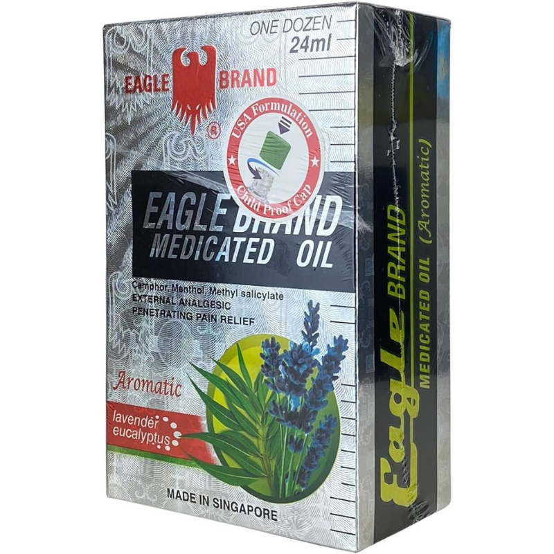 Eagle Brand White Medicated Oil 12 x 24ml packaging, herbal pain relief oil for muscle aches and joint discomfort, medicated oil bottles set from Eagle Brand Singapore