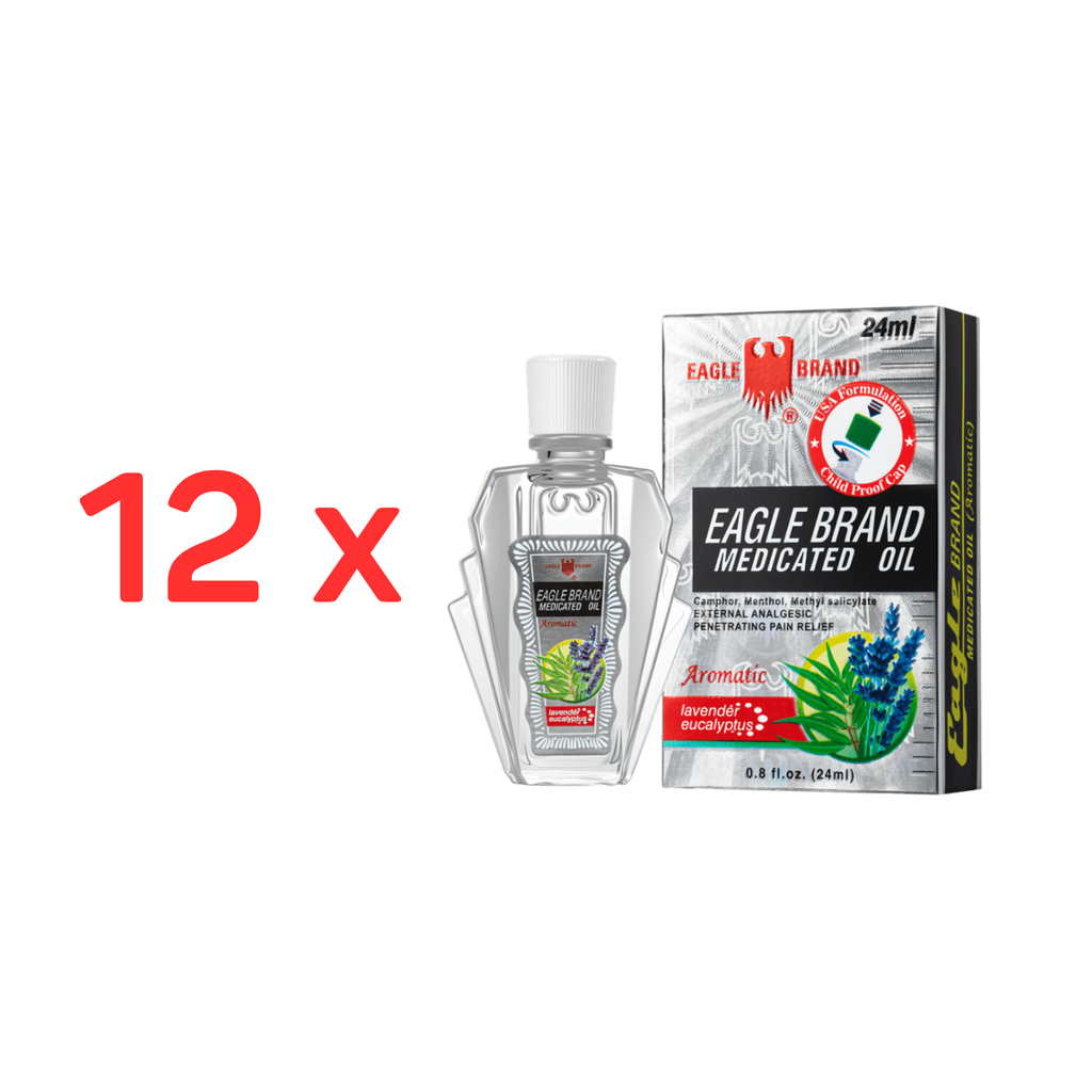 Eagle Brand White Medicated Oil 12 x 24ml packaging, herbal pain relief oil for muscle aches and joint discomfort, medicated oil bottles set from Eagle Brand Singapore