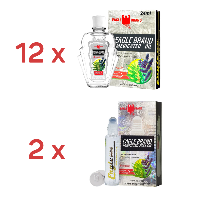 Eagle Brand White Medicated Oil value pack with 12 bottles of 24ml medicated oil and 2 roll-on bottles of 8ml for convenient soothing relief.