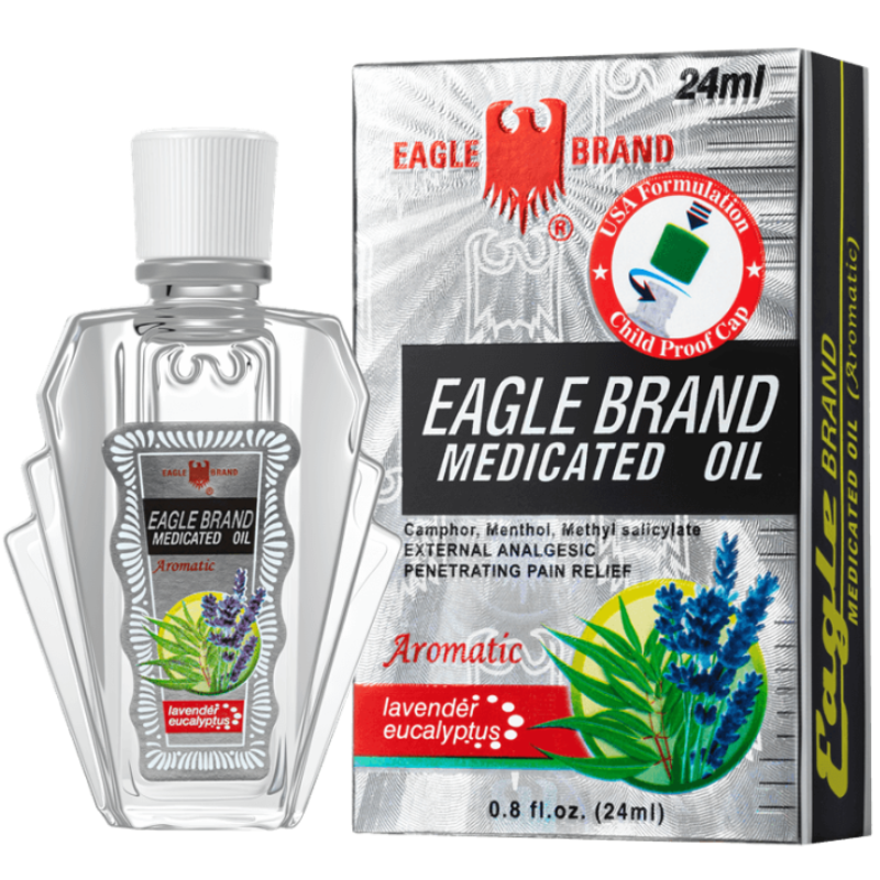 Eagle Brand White Medicated Oil 24ml bottle packaging, herbal pain relief oil for muscle aches and joint discomfort, medicated oil from Eagle Brand Singapore