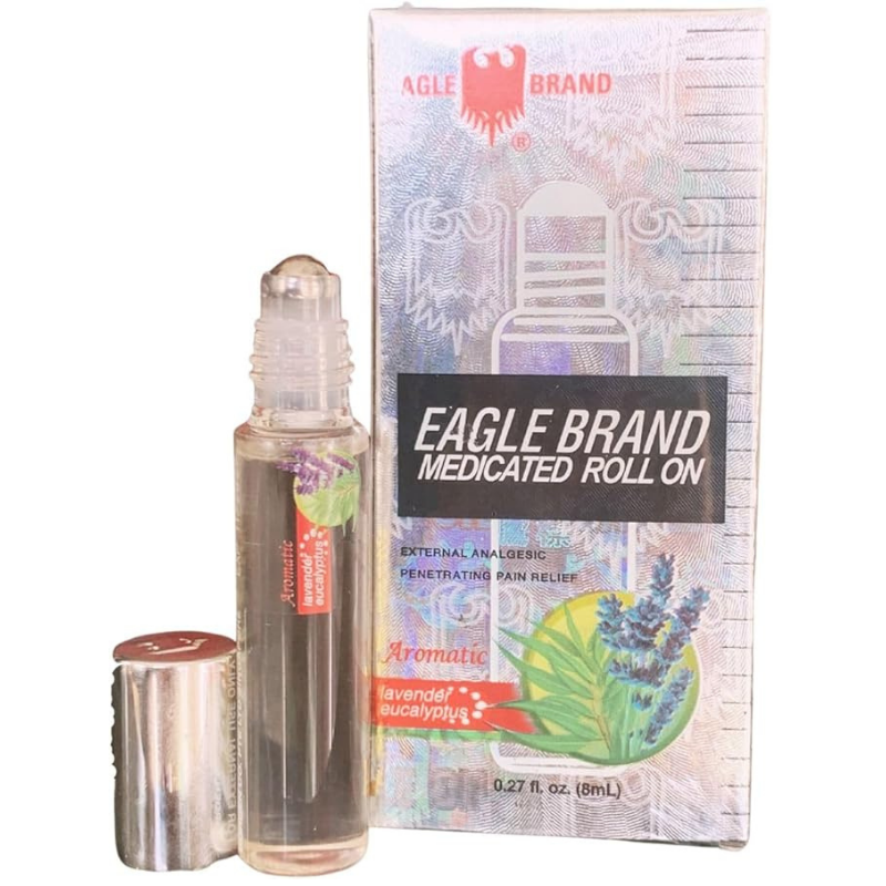 Eagle Brand White Medicated Roll On 8ml packaging, herbal pain relief roll-on oil for muscle aches and joint discomfort, portable medicated oil from Eagle Brand Singapore