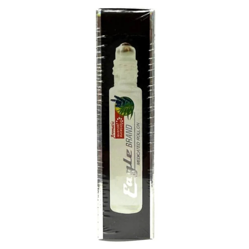 Eagle Brand White Medicated Roll On 8ml packaging, herbal pain relief roll-on oil for muscle aches and joint discomfort, portable medicated oil from Eagle Brand Singapore