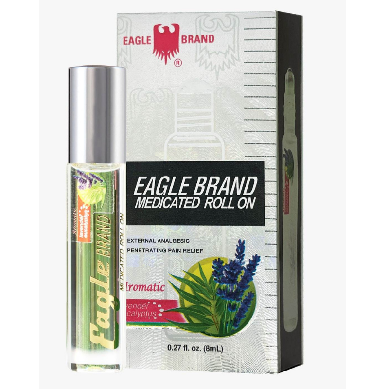 Eagle Brand White Medicated Roll On 8ml packaging, herbal pain relief roll-on oil for muscle aches and joint discomfort, portable medicated oil from Eagle Brand Singapore