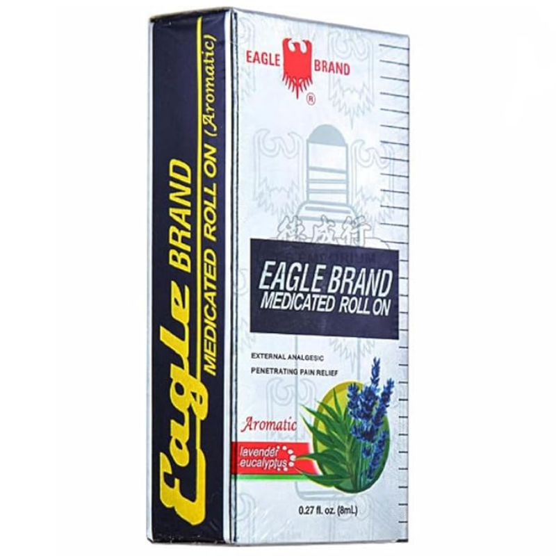Eagle Brand White Medicated Roll On 8ml packaging, herbal pain relief roll-on oil for muscle aches and joint discomfort, portable medicated oil from Eagle Brand Singapore