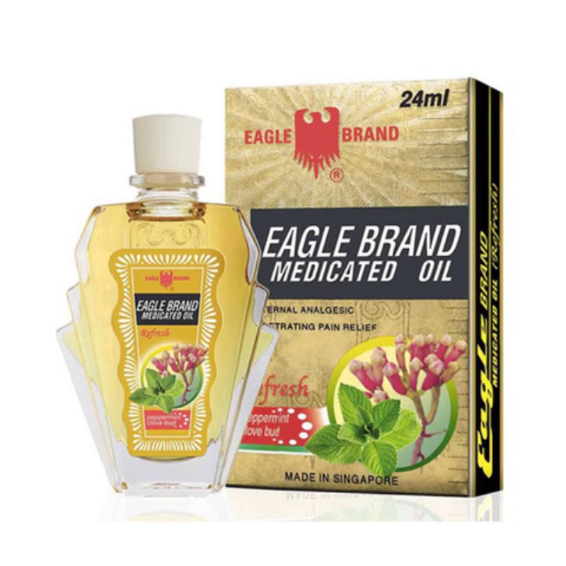 Eagle Brand medicated oil bottle and packaging on a white background