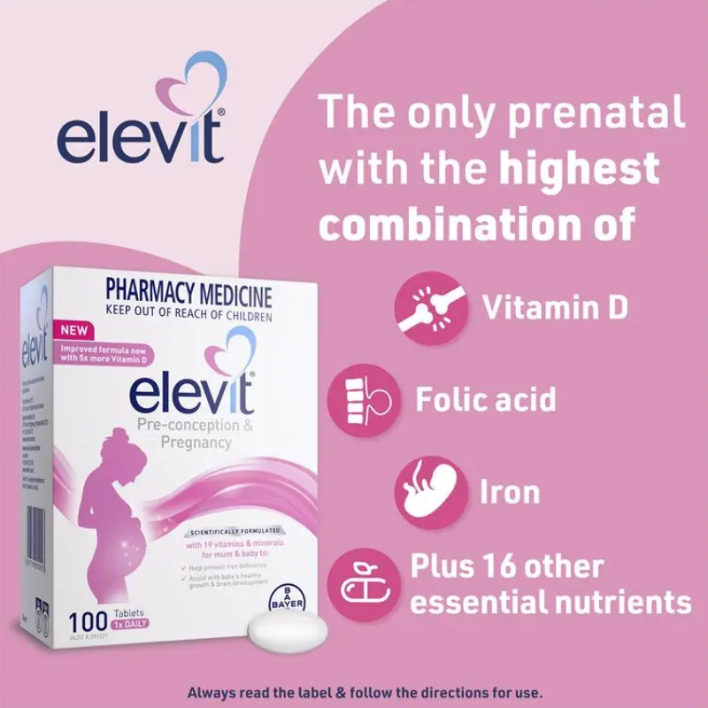 Elevit Pre-conception & Pregnancy 100 Tablets premium Australian multivitamin with vitamins and minerals for women before and during pregnancy.