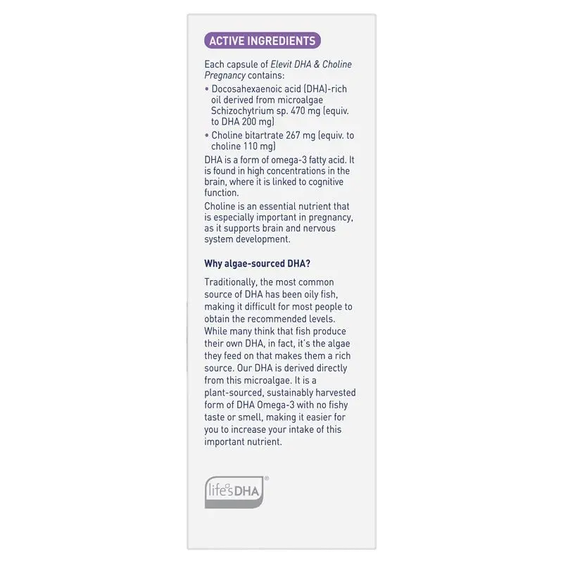 Product label with text about DHA and Choline ingredients on a white background