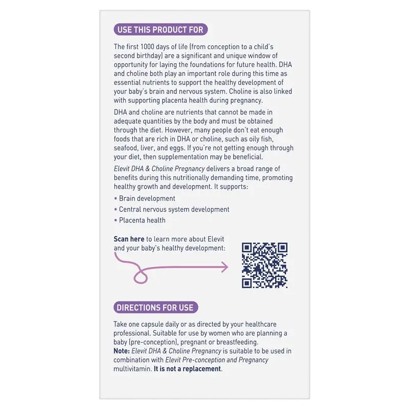 Product label with text about DHA and choline for pregnancy and baby development, including a QR code.