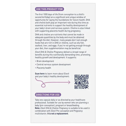 Product label with text about DHA and choline for pregnancy and baby development, including a QR code.